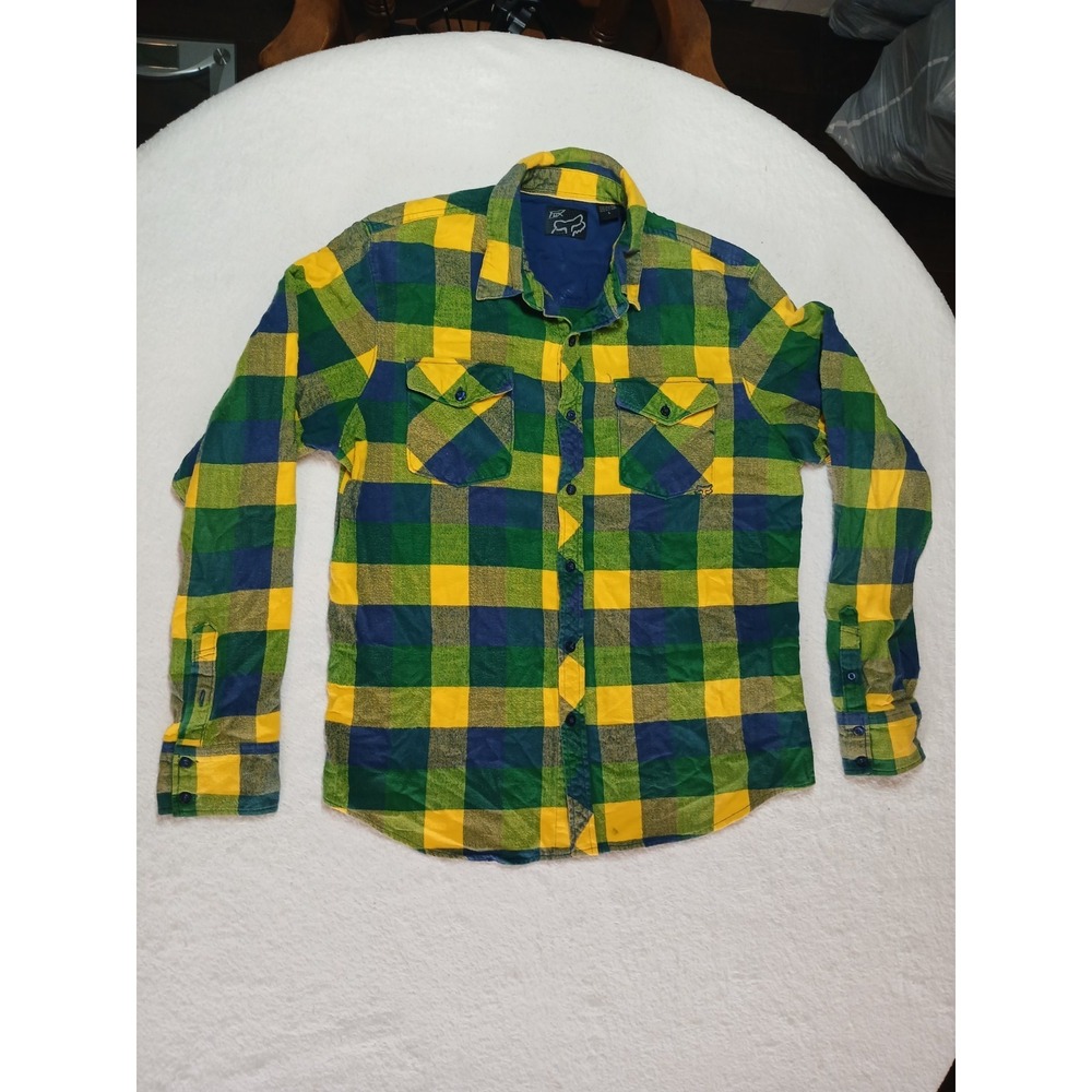 Fox Racing Shirt Mens Large Yellow Blue Green Plaid Flannel Button Front Pockets